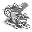 A minimalist tattoo of a coffee cup with a skeleton holding a guitar as steam forms the shape of mountains tattoo design idea