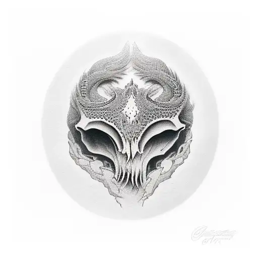 a photograph in portrait mode, of a beautiful woman, with her face under the shadow of a dragon skull tattoo design idea