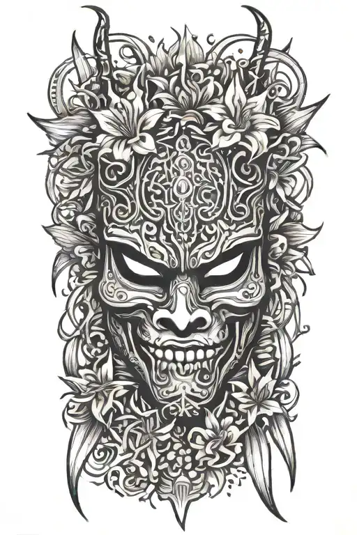 An oni mask surrounded by spider lilies and crows, with a dagger piercing through the mask tattoo design idea