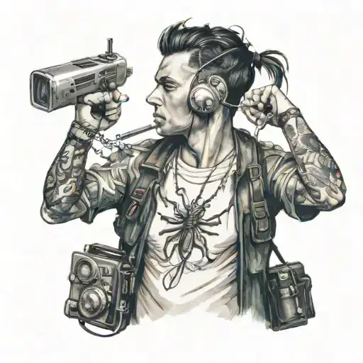 A realistic portrait of a pipefitter with a spider lily tucked behind their ear, holding a retro gaming console in one hand and a compass in the other tattoo design idea