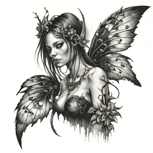 dark feminine fairy with cyber sigilism wings   tattoo design idea