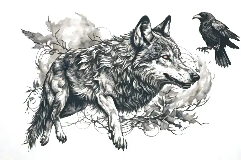 wolf and raven flying tattoo design idea