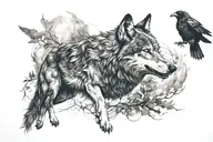 wolf and raven flying tattoo design idea