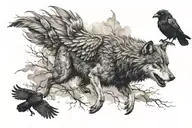wolf and raven flying tattoo design idea