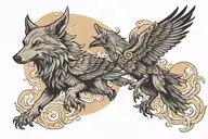 wolf and raven flying tattoo design idea