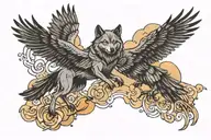 wolf and raven flying tattoo design idea