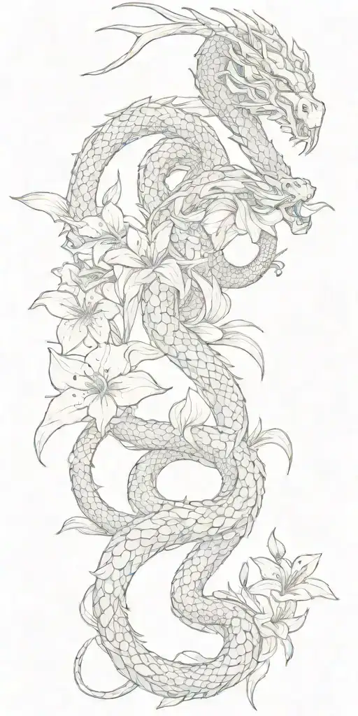 neutral looking dragon wrapping around lilly flowers together with a snake tattoo design idea