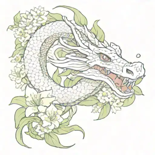 neutral looking dragon wrapping around lilly flowers together with a snake tattoo design idea