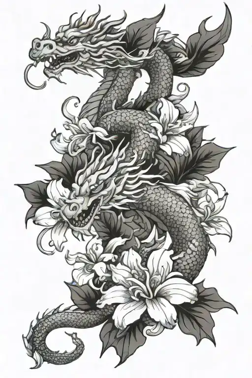 asian dragon crawling around liliy flowers growing tattoo design idea