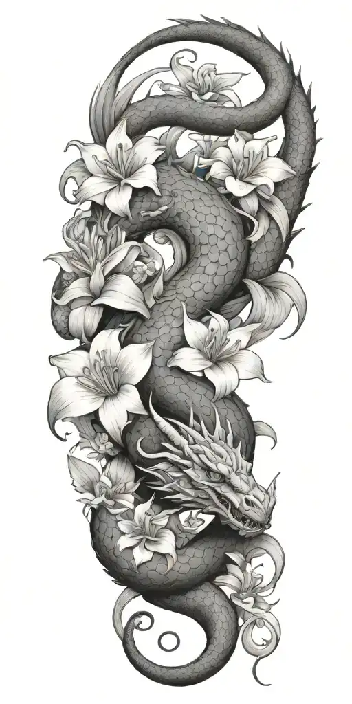 neutral looking dragon wrapping around lilly flowers together with a snake tattoo design idea