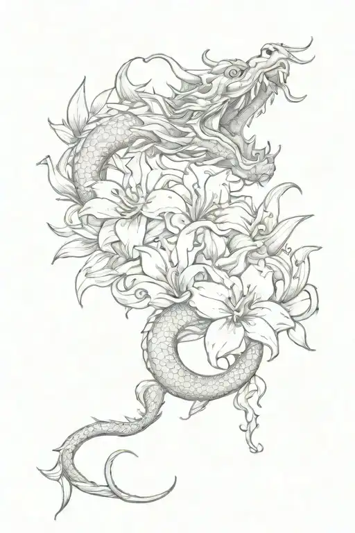 asian dragon crawling around lily flower tattoo design idea
