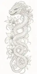 neutral looking dragon wrapping around lilly flowers together with a snake tattoo design idea