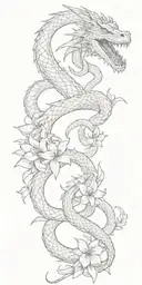 neutral looking dragon wrapping around lilly flowers together with a snake tattoo design idea