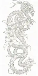 neutral looking dragon wrapping around lilly flowers together with a snake tattoo design idea