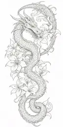 neutral looking dragon wrapping around lilly flowers together with a snake tattoo design idea
