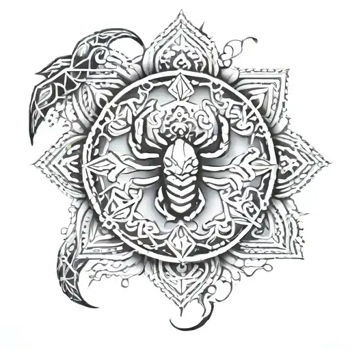 A mesmerizing mandala design featuring intricate patterns and geometric shapes, symbolizing balance, harmony, and spiritual growth. The center of the mandala is adorned with a detailed scorpion motif, representing strength and transformation. tattoo design idea