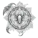 A mesmerizing mandala design featuring intricate patterns and geometric shapes, symbolizing balance, harmony, and spiritual growth. The center of the mandala is adorned with a detailed scorpion motif, representing strength and transformation. tattoo design idea