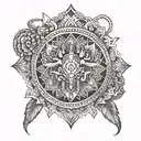 A mesmerizing mandala design featuring intricate patterns and geometric shapes, symbolizing balance, harmony, and spiritual growth. The center of the mandala is adorned with a detailed scorpion motif, representing strength and transformation. tattoo design idea