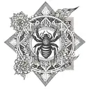 A mesmerizing mandala design featuring intricate patterns and geometric shapes, symbolizing balance, harmony, and spiritual growth. The center of the mandala is adorned with a detailed scorpion motif, representing strength and transformation. tattoo design idea