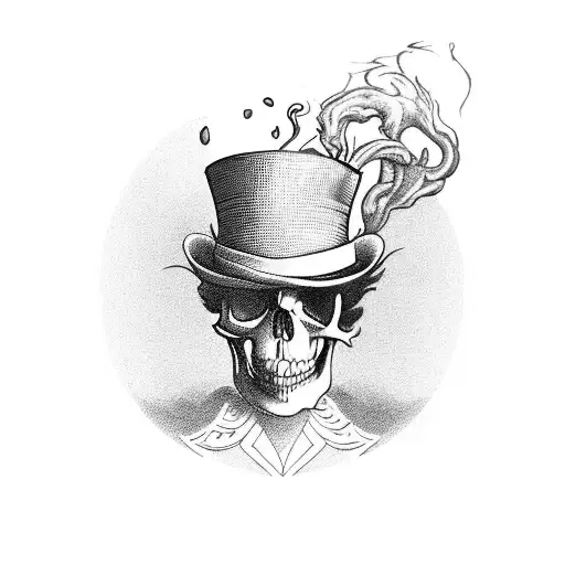 Tea cup with a skull hand coming up and smoke from the tea cup, reveiling the chesire cat wearing mad hatter hat tattoo design idea
