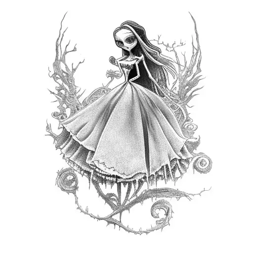 A combination of Tim Burton films, including Corpse bride and alice in wonderland tattoo design idea