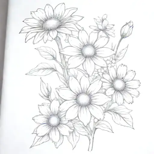 simple Chrysanthemum, violet, lily of the valley, daisy, cosmos  tattoo design idea