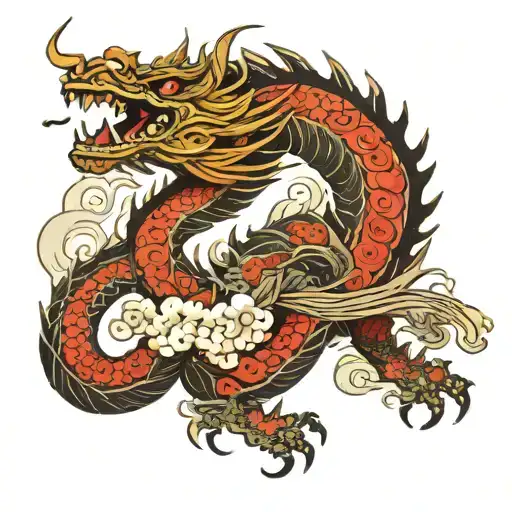 Aztec dragon in Japanese style clouds and wind  tattoo design idea