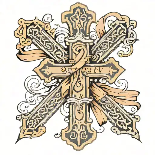 Christian Cross with ribbon band spirialing down saying the verse pslams 23:3-4 with Roman numerals I.I.MMXXIV  tattoo design idea