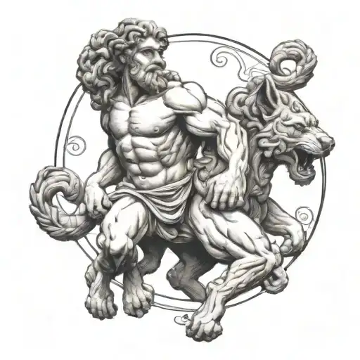 Hercules statue holding serberus 3 headed dog  tattoo design idea