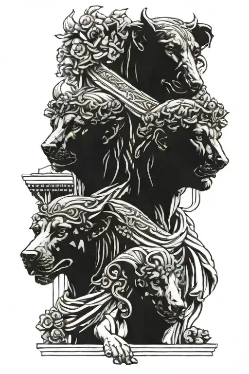 Greek statue with three headed Dobermans  tattoo design idea