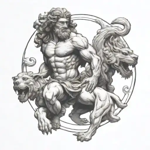 Hercules statue holding serberus 3 headed dog tattoo design idea