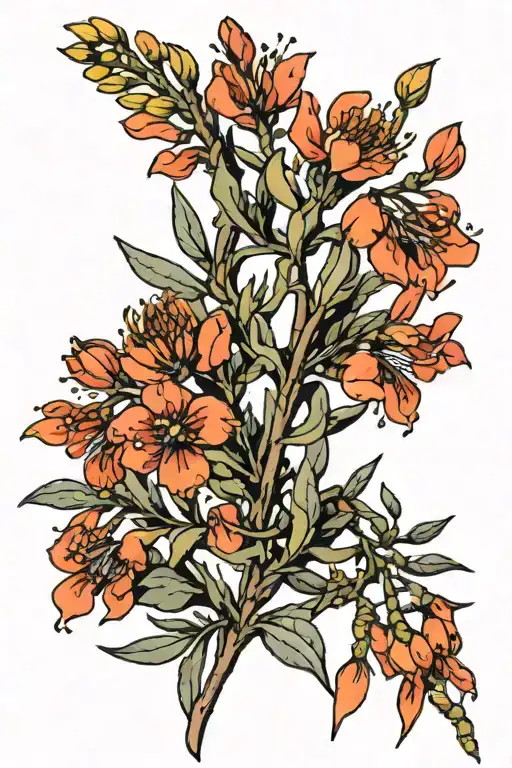 Stuart desert pea flower with golden wattle surrounding it  tattoo design idea