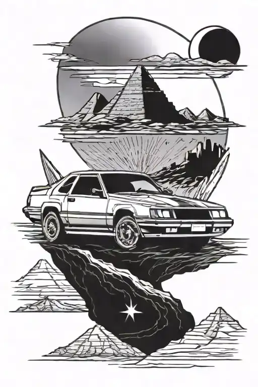A tattoo design of an Egyptian god driving a 1989 Chrysler Conquest TSI through a desert landscape tattoo design idea