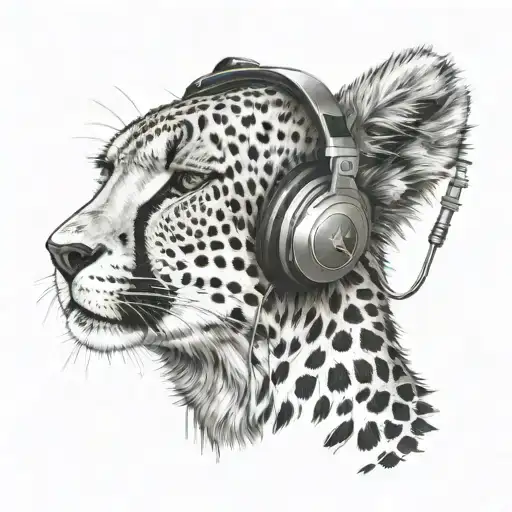 A cheetah wearing headphones listening to music while relaxing at a friend's house tattoo design idea