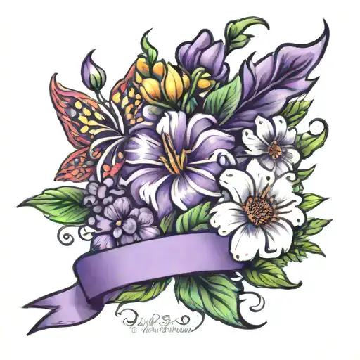 Birth flowers, Jan, May, August and december with purple ribbon around them  tattoo design idea
