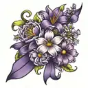 Birth flowers, Jan, May, August and december with purple ribbon around them  tattoo design idea