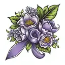 Birth flowers, Jan, May, August and december with purple ribbon around them  tattoo design idea
