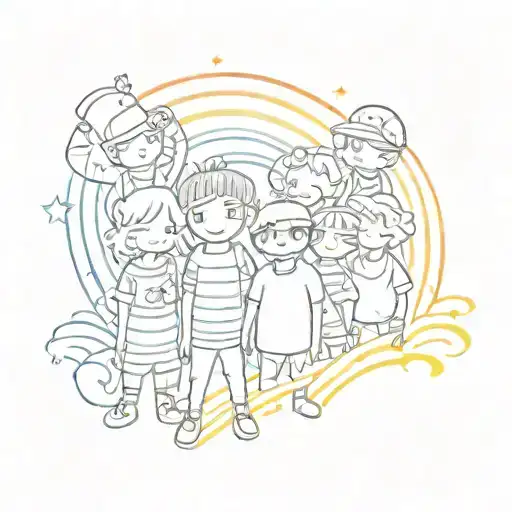 a group of cartoon characters in front of a rainbow striped background tattoo design idea