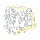 a group of cartoon characters in front of a rainbow striped background tattoo design idea