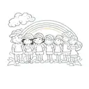 a group of cartoon characters in front of a rainbow striped background tattoo design idea