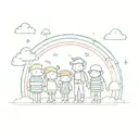 a group of cartoon characters in front of a rainbow striped background tattoo design idea