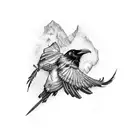 A raven feather transforming into a quill pen, with a stack of books in the background, using dotwork technique tattoo design idea