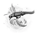 A raven feather transforming into a quill pen, with a stack of books in the background, using dotwork technique tattoo design idea