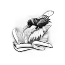 A raven feather transforming into a quill pen, with a stack of books in the background, using dotwork technique tattoo design idea