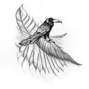 A raven feather transforming into a quill pen, with a stack of books in the background, using dotwork technique tattoo design idea