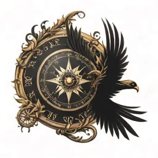 old Compass transforming into phoenix riding from music sheet tattoo design idea