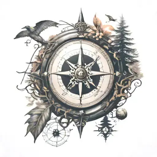 vinyl disc meeting with compass and nature  tattoo design idea