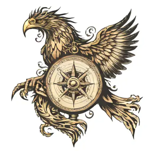 old Compass transforming into phoenix riding from music sheet tattoo design idea