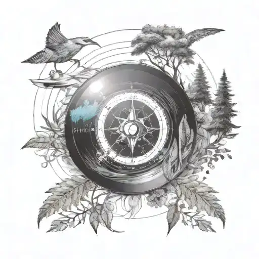 vinyl disc meeting with compass and nature  tattoo design idea