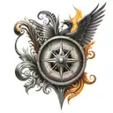 Compass music sheet in transforming metal into a phoenix tattoo design idea